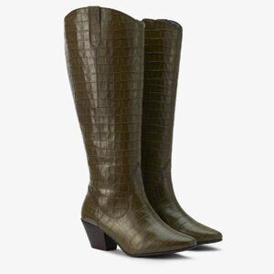 Duo Saffron Knee High Boots in Forest Green Croc | US 10